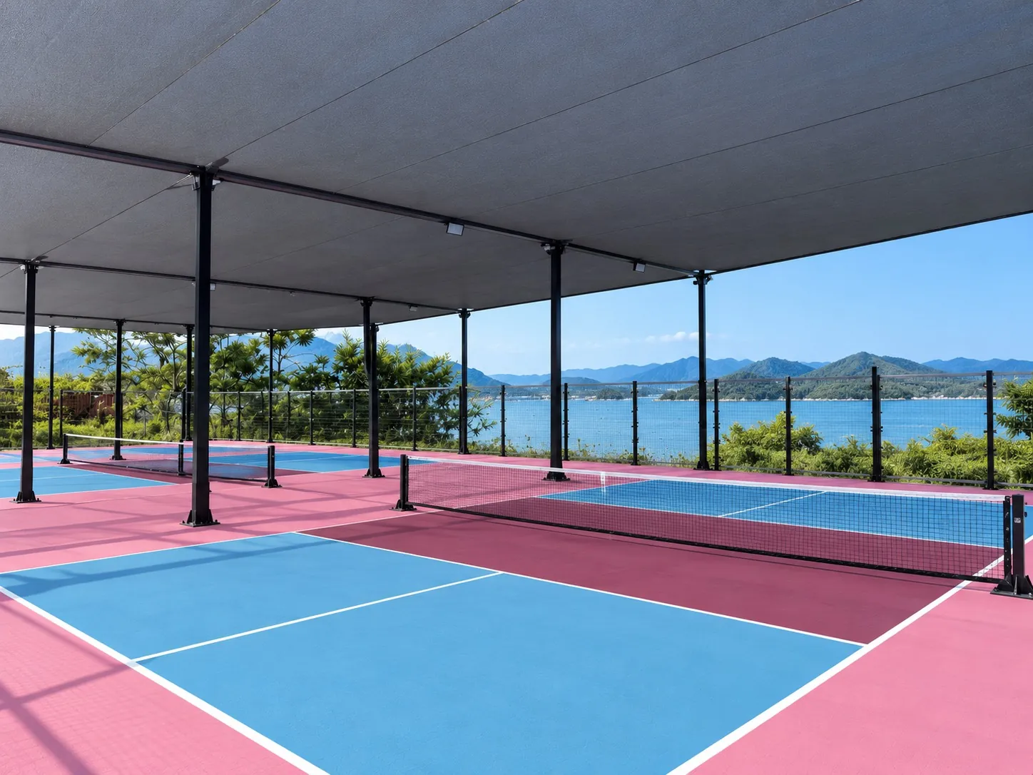 Under the roof at Genium Sports: blue and pink pickleball courts looking out over the harbour to the hills